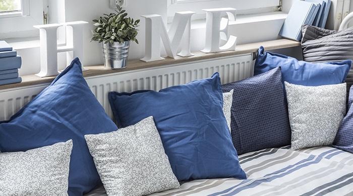 Blue Pillows on Striped Couch