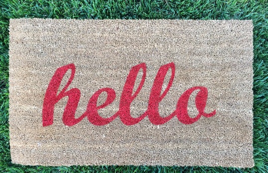 Etsy hello welcome mat in red and tan