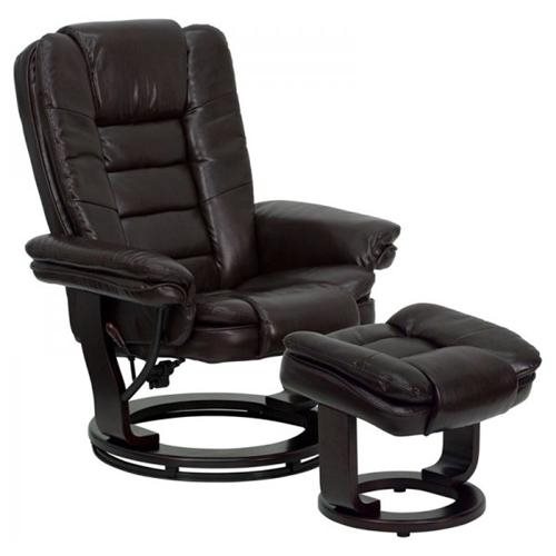 Contemporary Leather Recliner and Ottoman with Swiveling Mahogany Wood Base