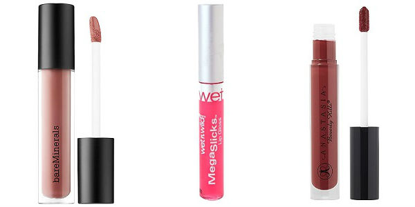 Three lip glosses in gold, pink, and wine