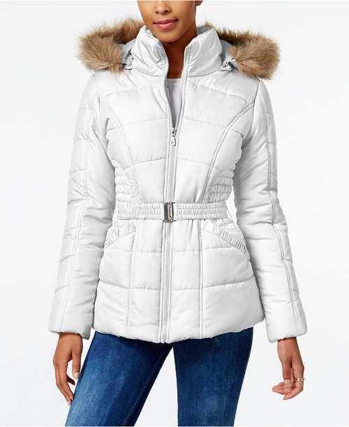 Rampage Faux-Fur-Trim Hooded Belted Puffer Coat