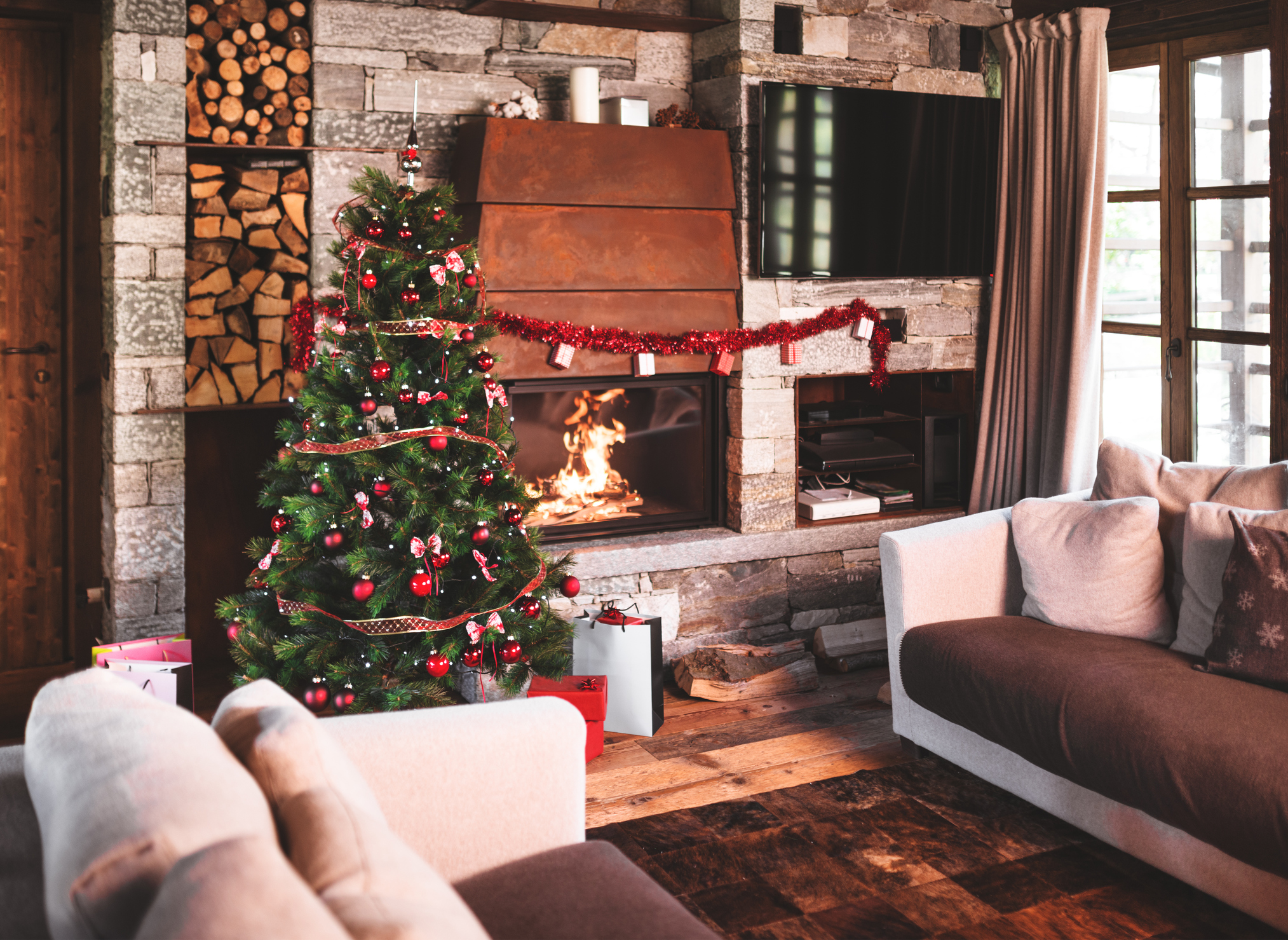 living room with christmas tree and the fireplace