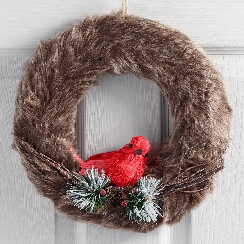 Gray Faux Fur Wreath with Cardinal