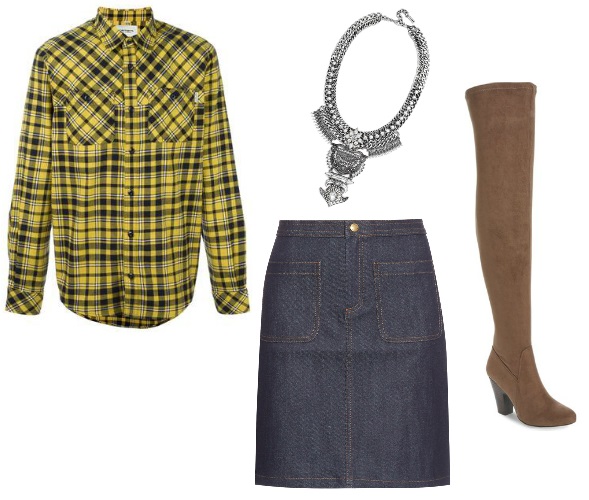 Men's flannel shirt, denim skirt, bib necklace and over the knee boots