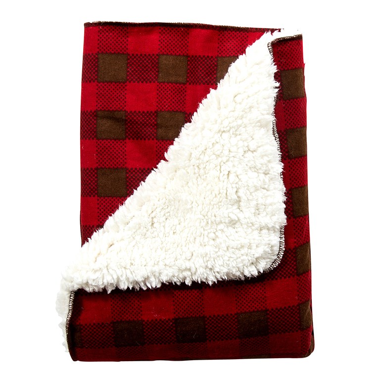 Brown and Red Buffalo Check Faux Shearling Blanket