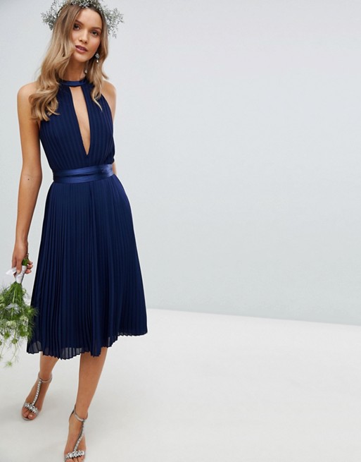 TFNC Pleated Midi Bridesmaid Dress with Cross Back and Bow Detail