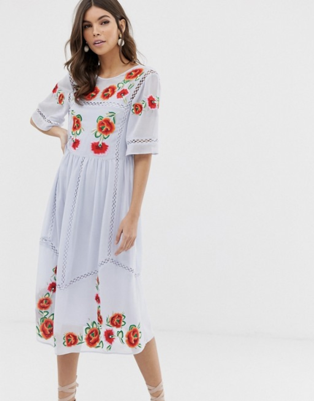 ASOS DESIGN Embroidered Smock Midi Dress with Ladder Trims