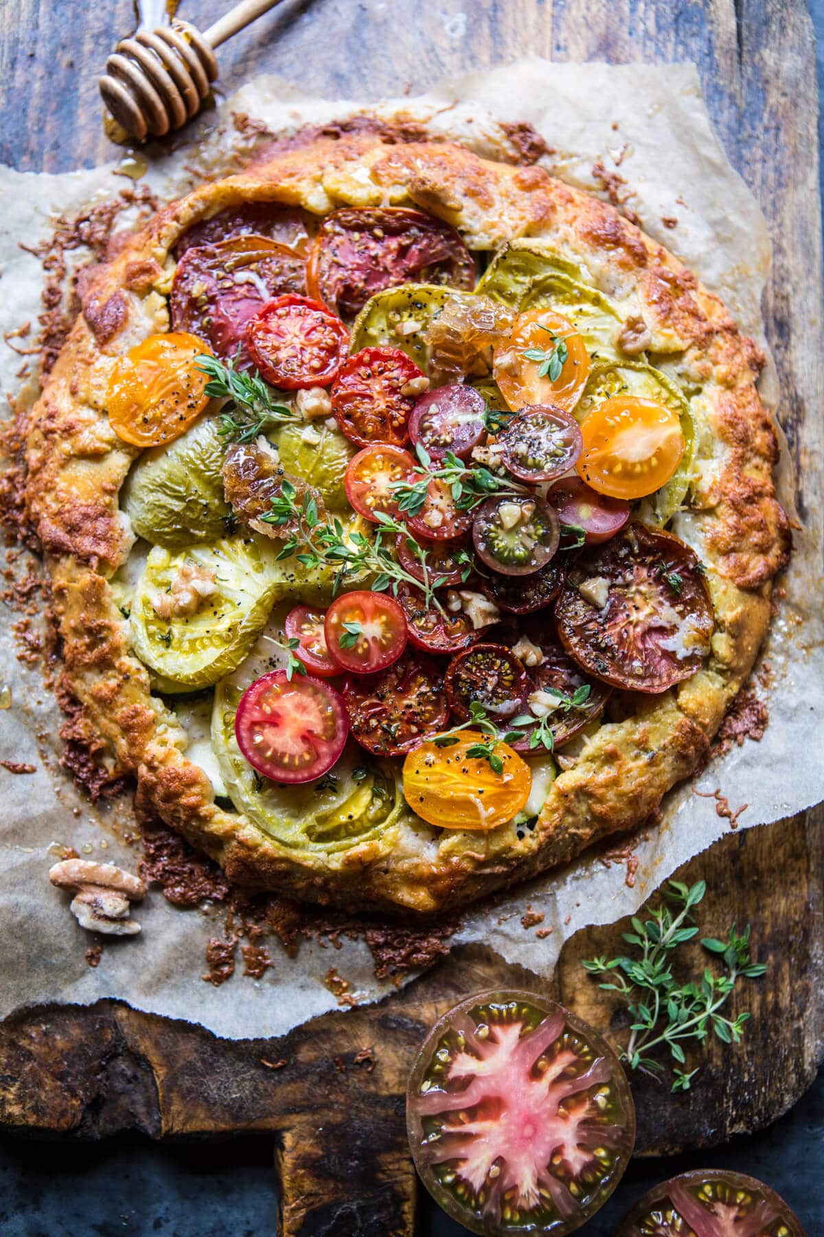 Half Baked Harvest heirloom tomato and zucchini galette with honey + thyme