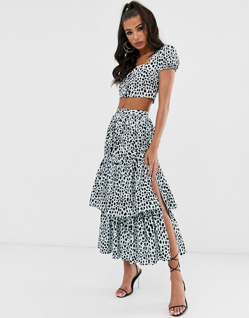 House Of Stars tiered ruffle midi skirt with split in blue animal print two-piece