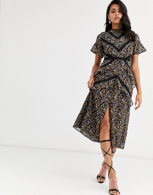 Hope & Ivy midi dress with lace panels in ditsy floral