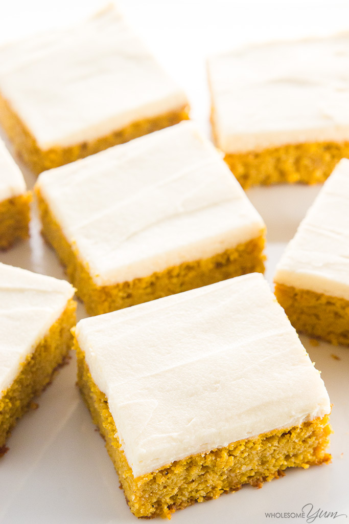 Wholesome Yum LOW CARB HEALTHY PUMPKIN BARS WITH CREAM CHEESE FROSTING