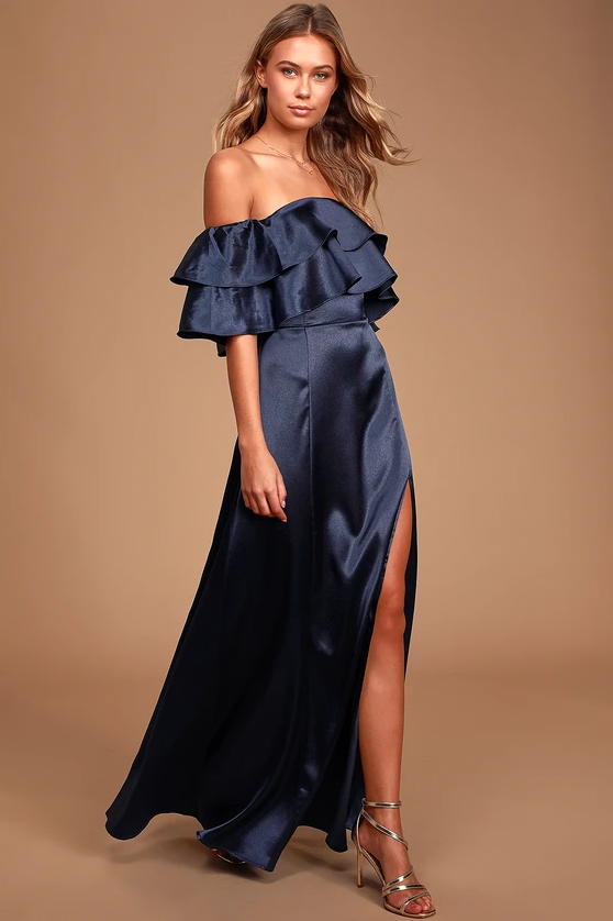 Lulus Pure Happiness Navy Blue Satin Off-the-Shoulder Maxi Dress