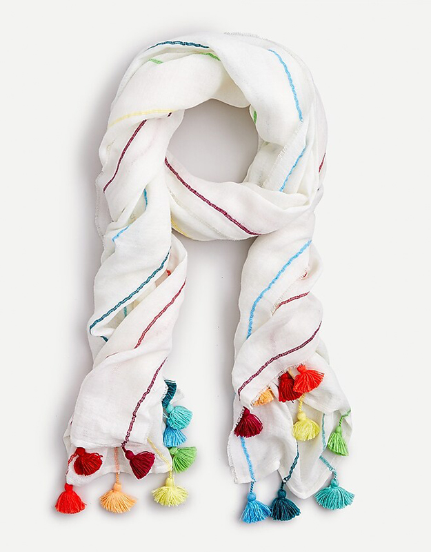 Organic cotton scarf with rainbow embroidery and tassels