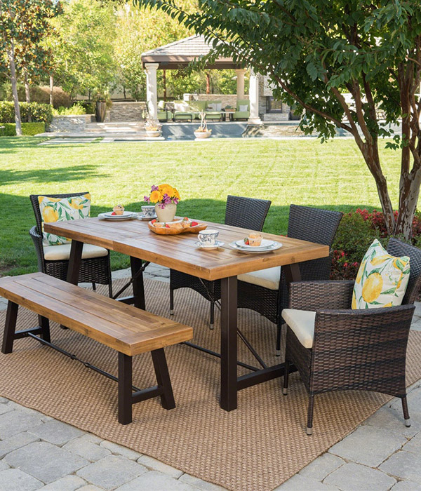 Jennys Outdoor 6-piece Rectangle Wicker Wood Dining Set with Cushions by Christopher Knight Home