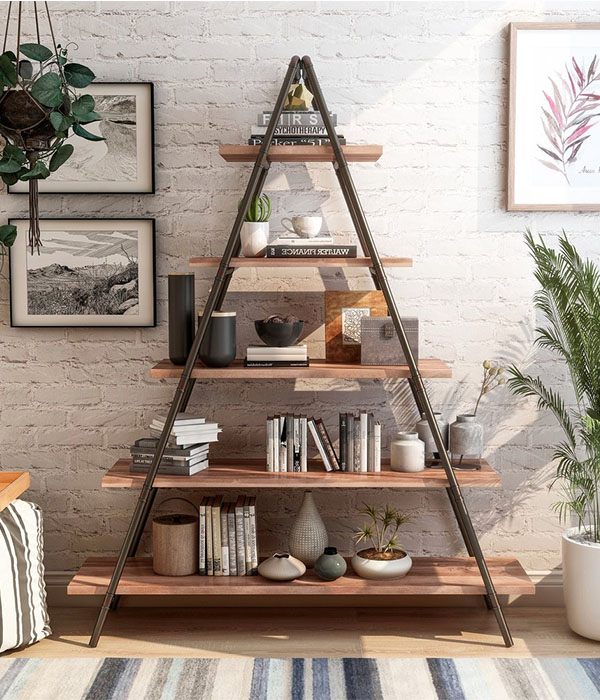 Furniture of America Mown Industrial Walnut Metal Ladder Bookcase