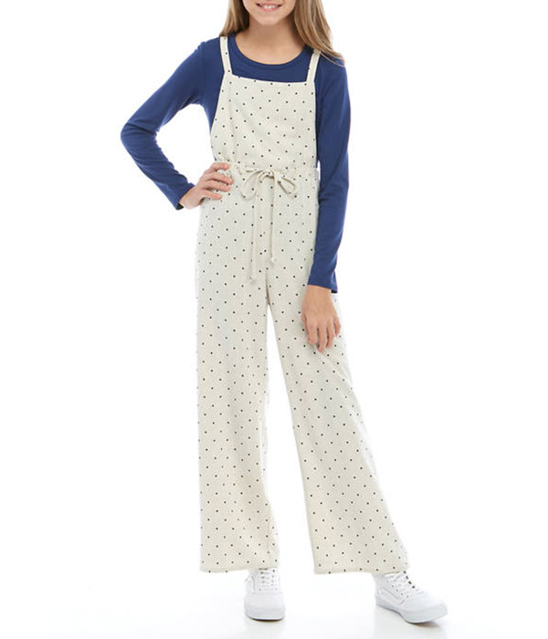 Belle du Jour Girls Oatmeal Dot Woven Jumpsuit Over Long Sleeve Navy T-Shirt - $58.00 $9.00