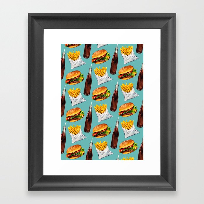 Cheeseburger Fries & Soda Pattern Framed Art Print