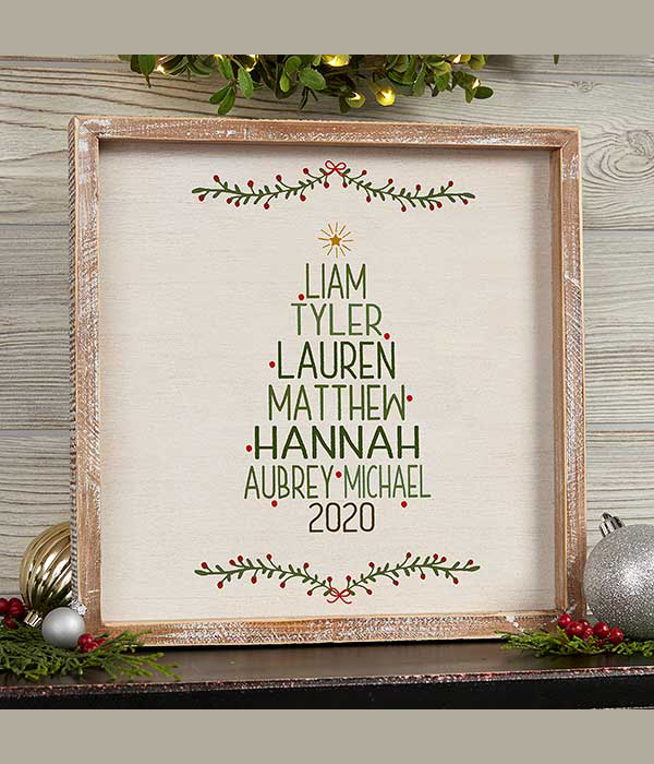 Christmas Family Tree Personalized Whitewashed Frame Wall Art