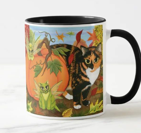 Zazzle Calico Cat Fairy Cats Leaves Fall Autum Art Mug